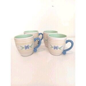 Vtg Pfaltzgraff Floral Coffee Mugs Set of 4 Blue Handle Green Interior Thailand